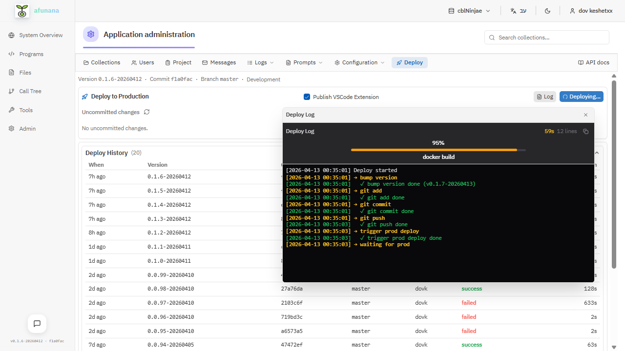 One-click deploy panel with live log and deploy history