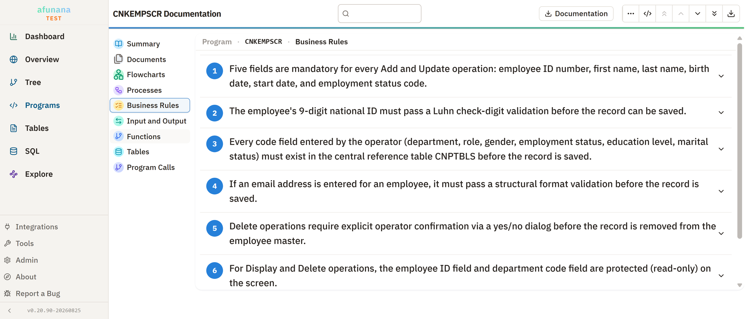 A program's business rules written out in plain language and numbered