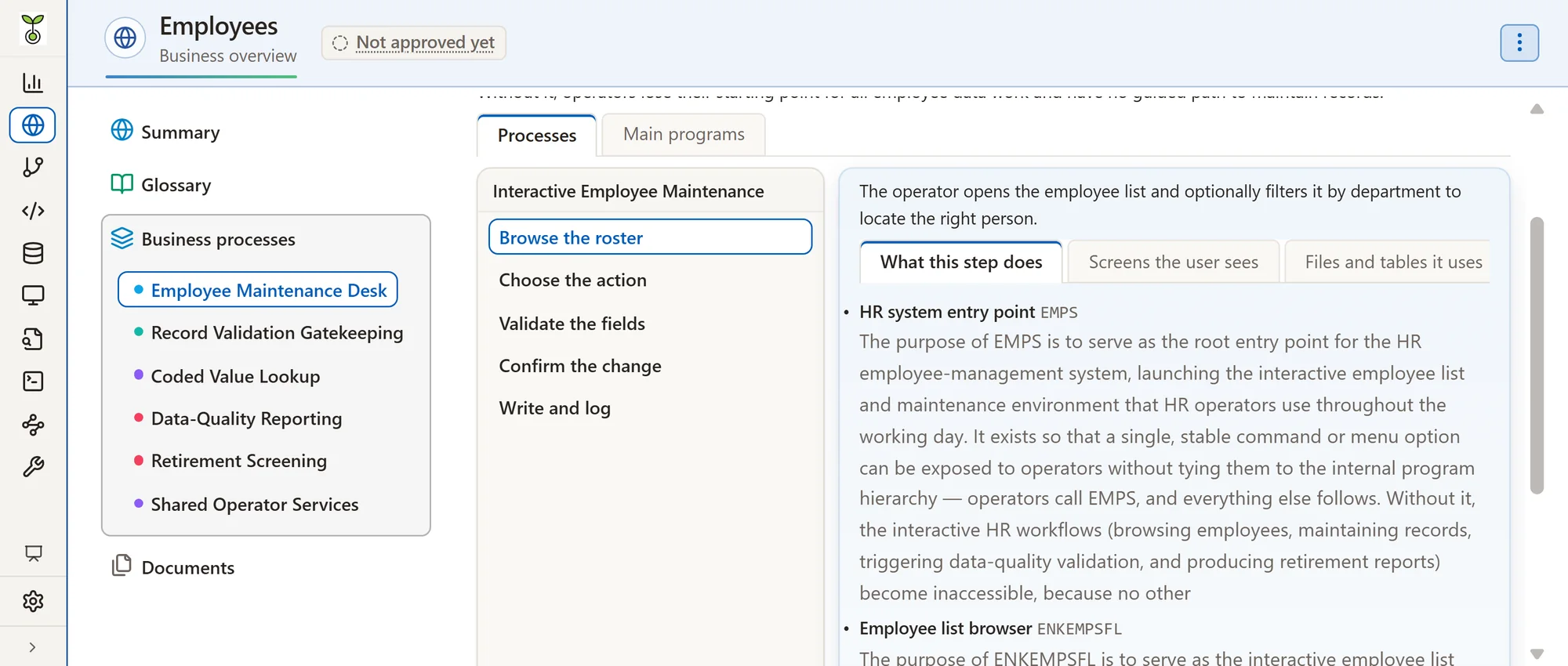 Employee maintenance: its steps, the screens and the files they use.