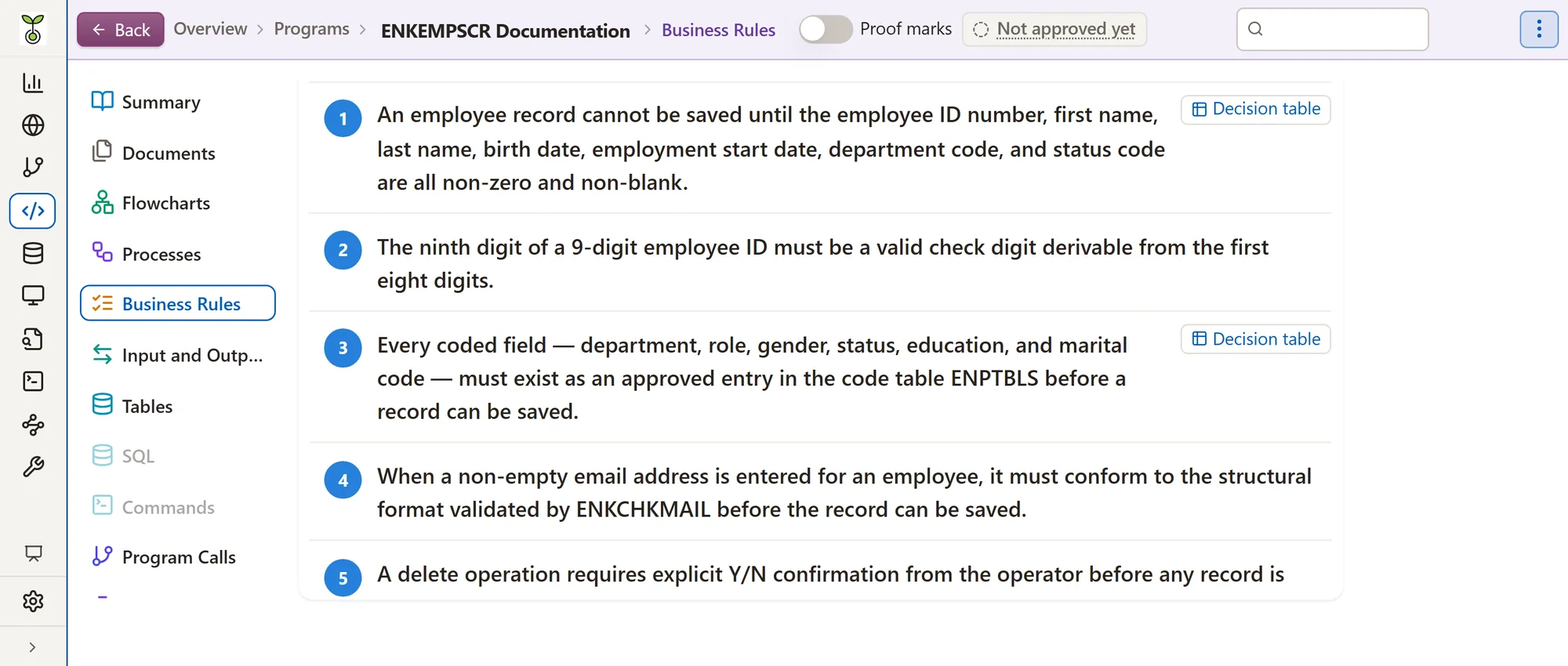 ENKEMPSCR's business rules, numbered, each with its decision table.