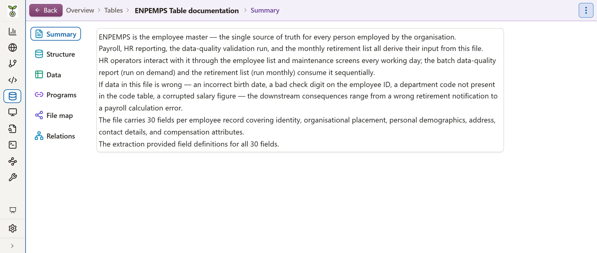 The ENPEMPS page explains the employee master and who depends on it.