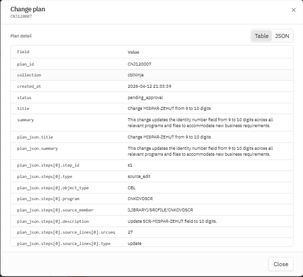 Change plan detail showing step-by-step edit and compile actions