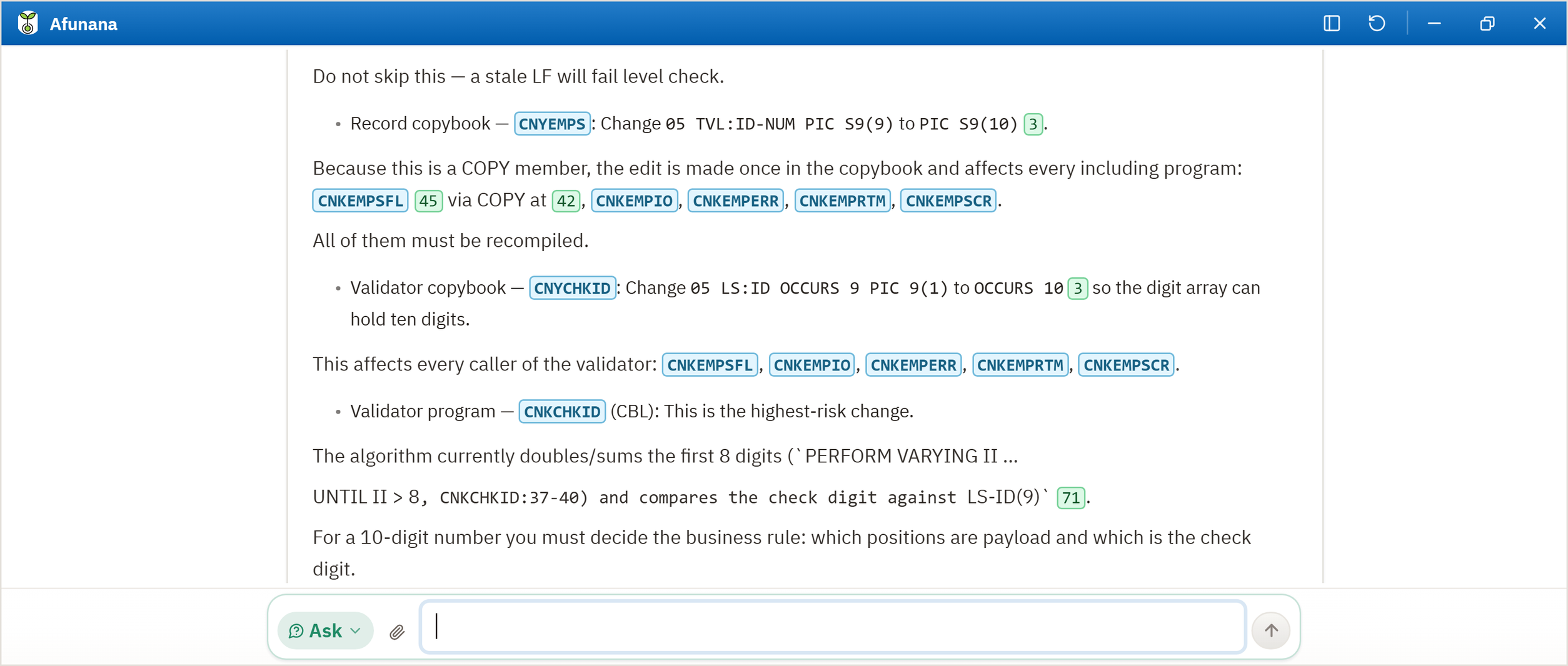 The chat answering a question about the system in plain English