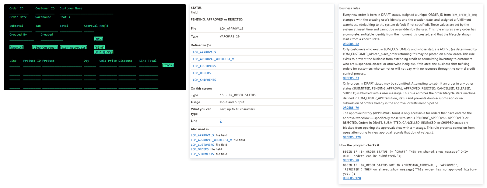 The Status item of an Oracle Forms canvas: the tables that hold it, its business rules and the form's checks.