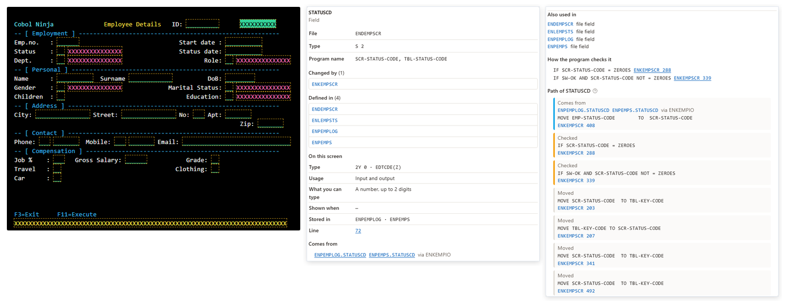 The Status field of an IBM i display file: its files, the checks on it and its path from file to screen.