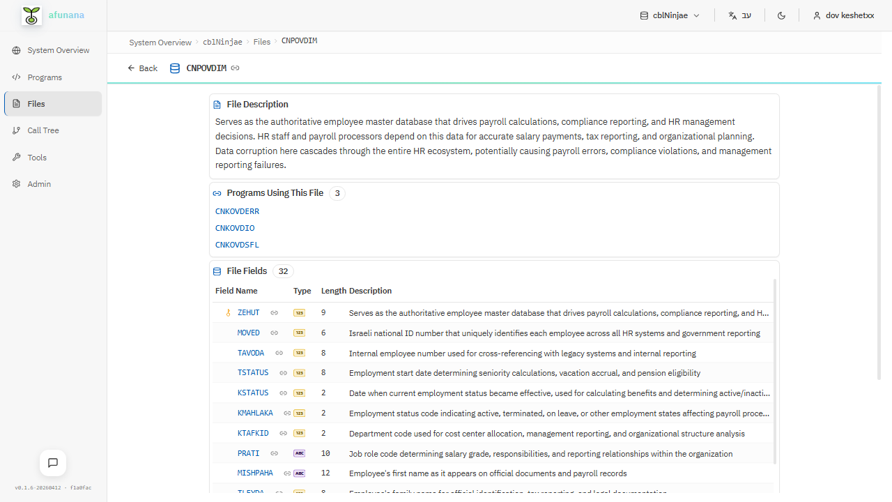 File detail with field-level business descriptions and programs using the file