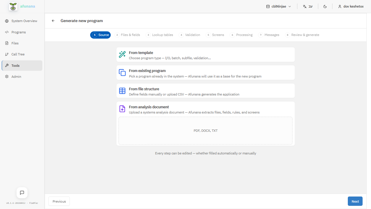 Generate new program wizard with 8 guided steps