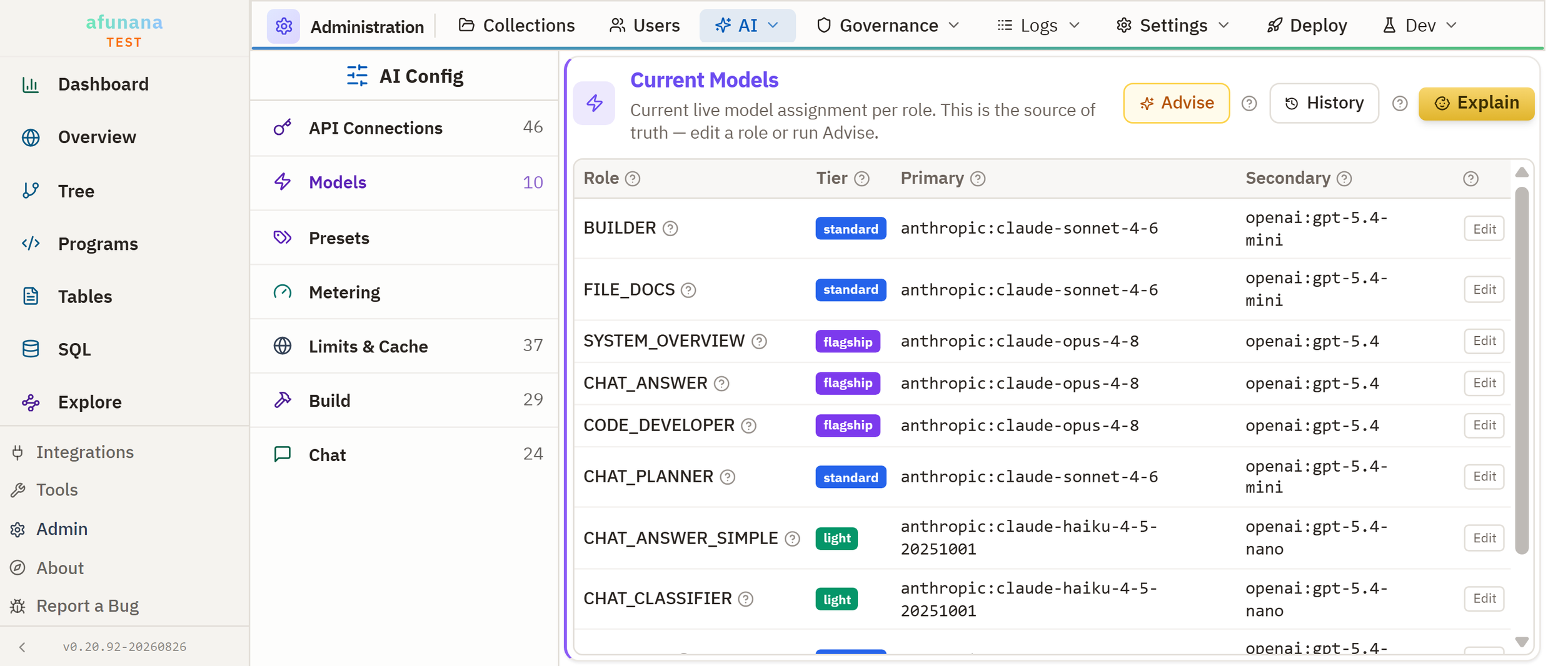 A table of roles, each assigned a primary and a secondary model