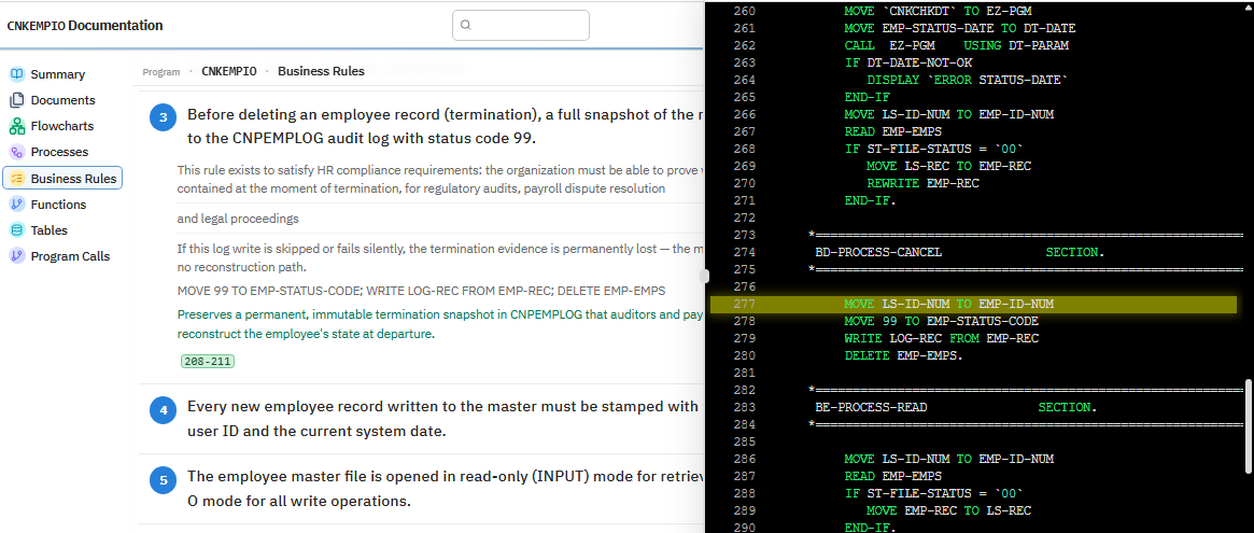 A business rule beside the COBOL source, with the lines it was read from highlighted