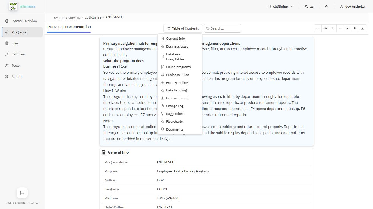Program detail page with Table of Contents and business documentation