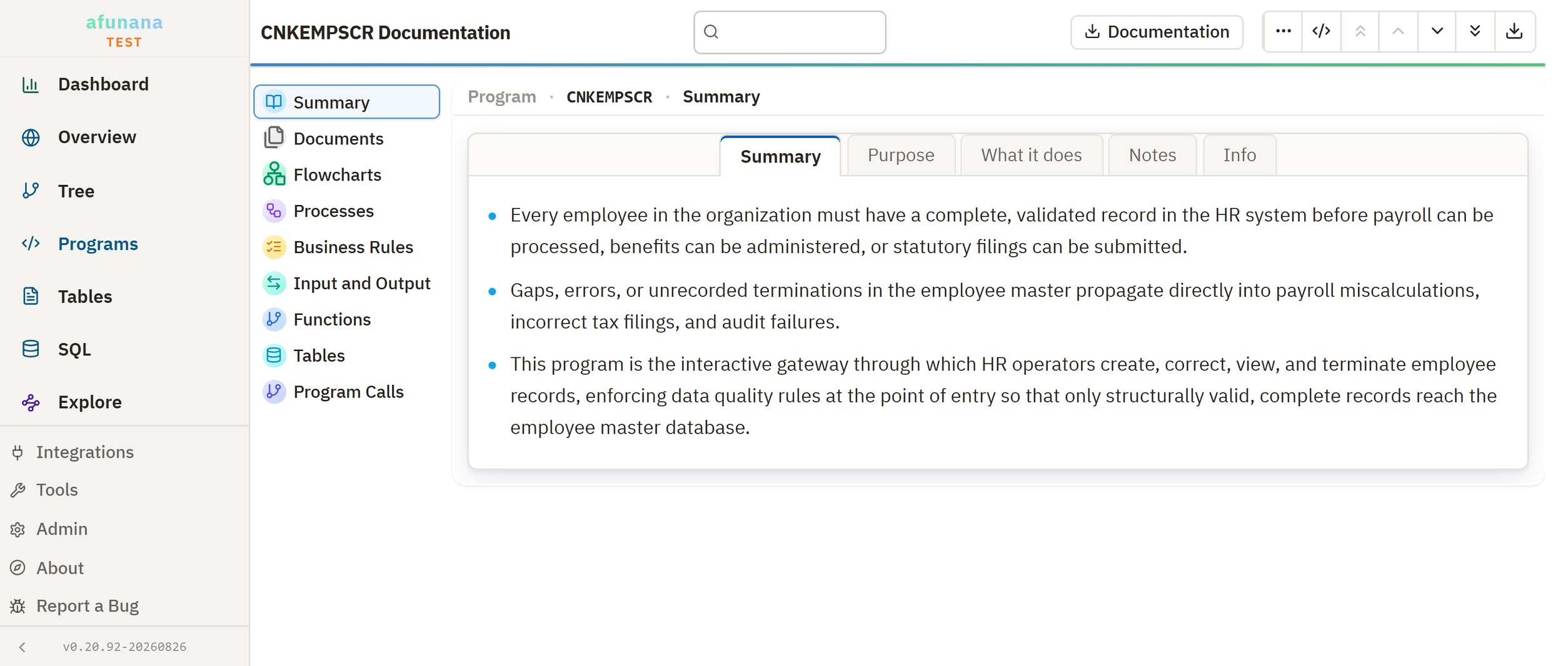 One program's documentation: purpose, processes, rules, inputs and calls