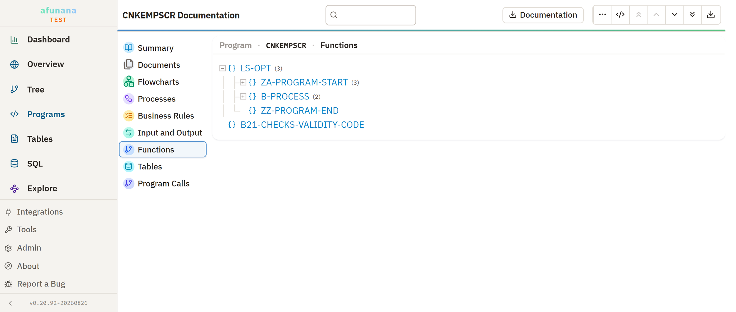 Hovering a section in the functions tree shows what that section does