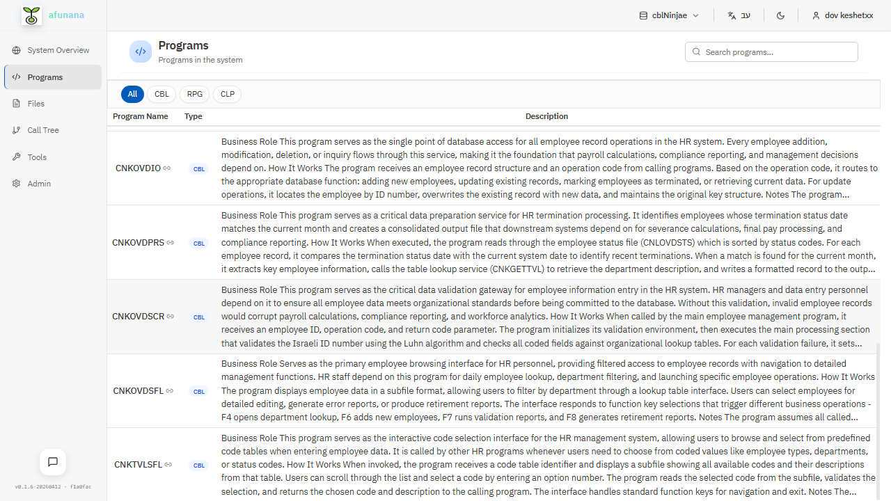 Programs list with filters for COBOL, RPG, CLP and business descriptions
