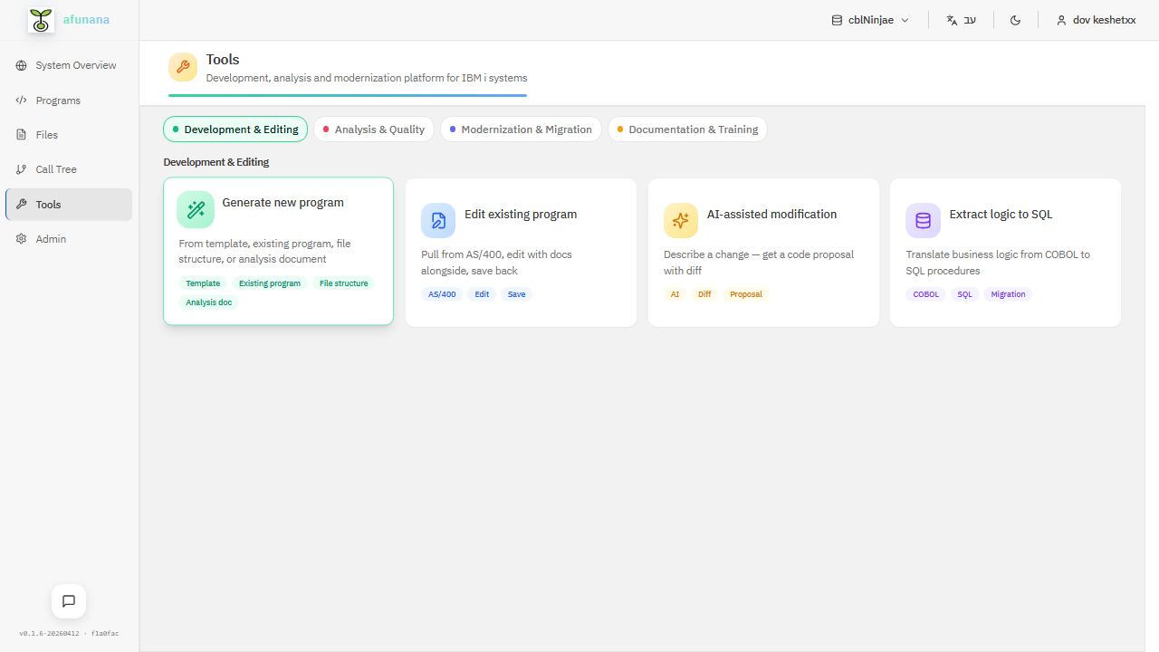Afunana Tools page showing Development, Analysis, Modernization, and Documentation categories