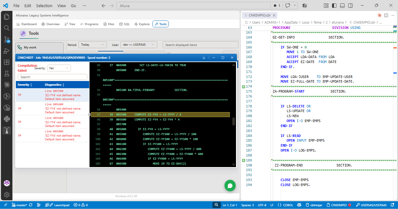 Select a diagnostic and inspect the matching line in the compiler listing.
