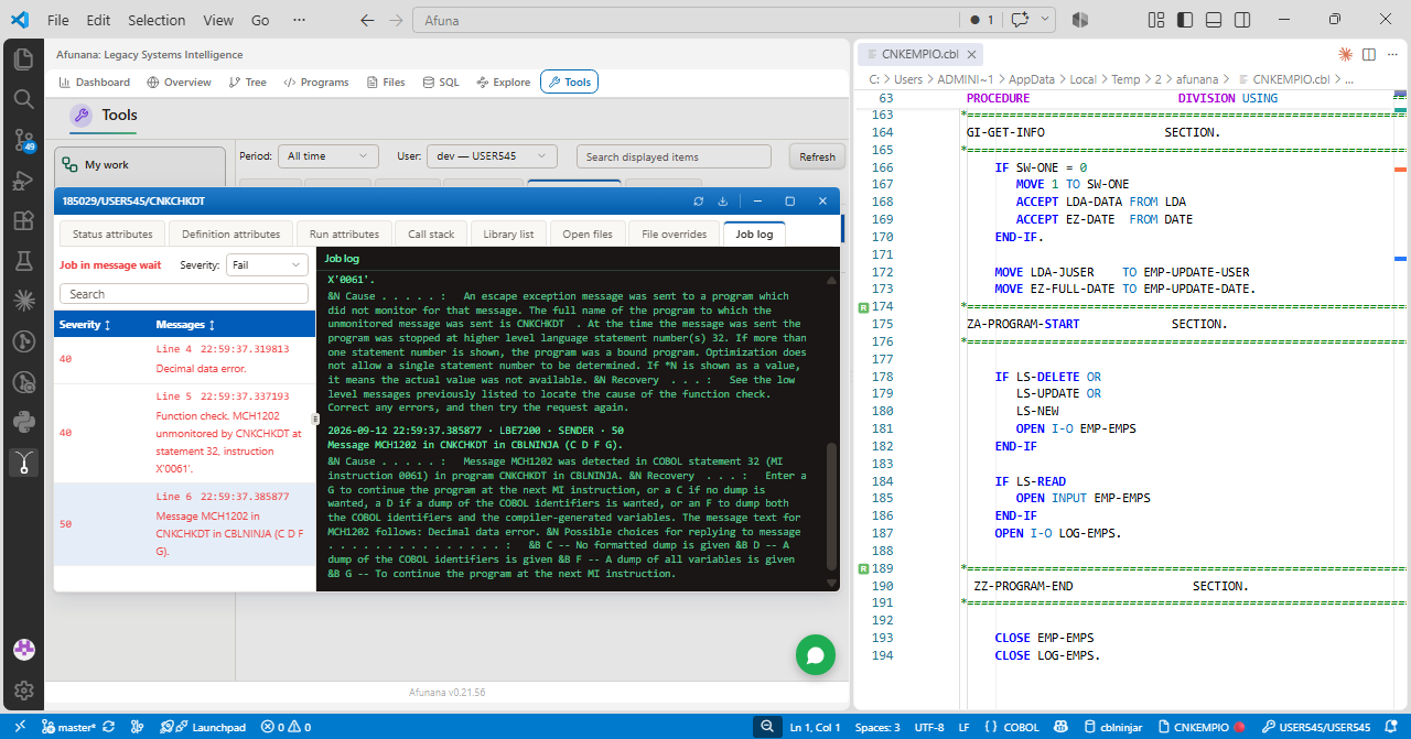Filter messages by severity and read the corresponding job log.