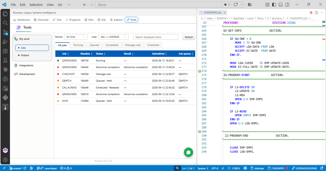 Review running, queued, completed, message-wait and scheduled jobs.