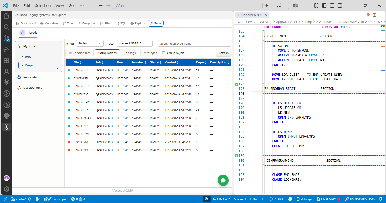 Browse spooled files, with separate views for compilations and job logs.