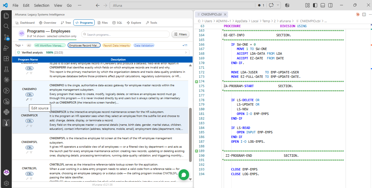 Find a program, read its description and open its source in the editor.