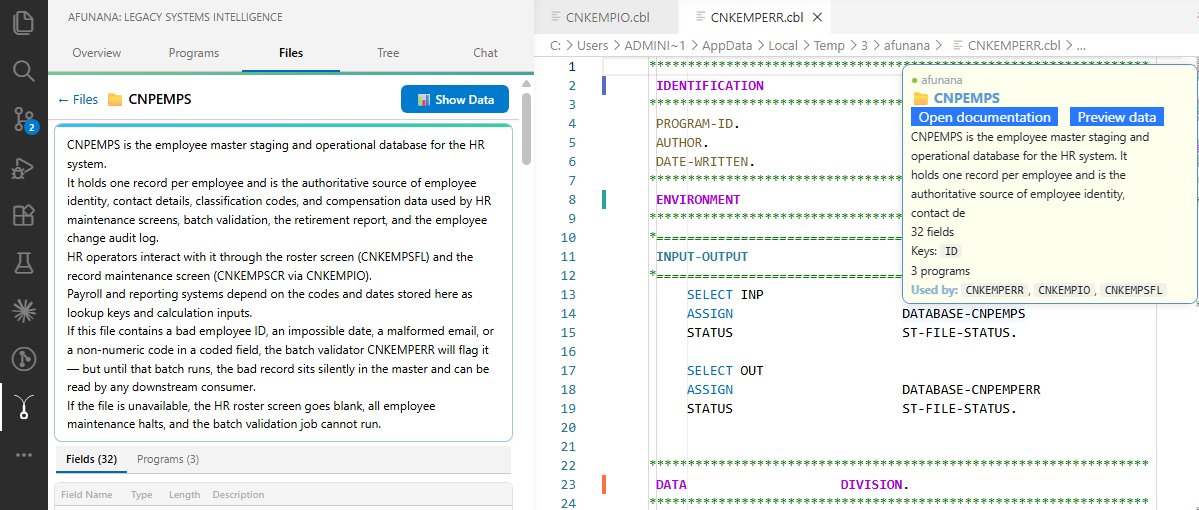 Hovering a database file name in COBOL source explains what the file holds