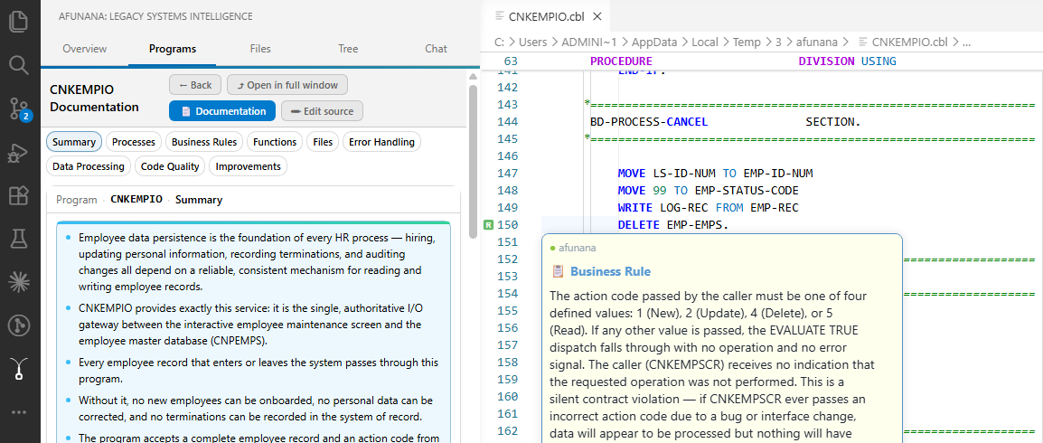 A program's business rules beside its source in VS Code