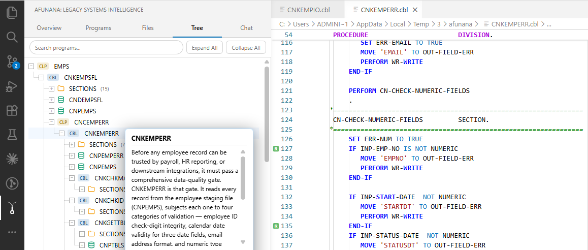 The Afunana collection tree in the VS Code sidebar